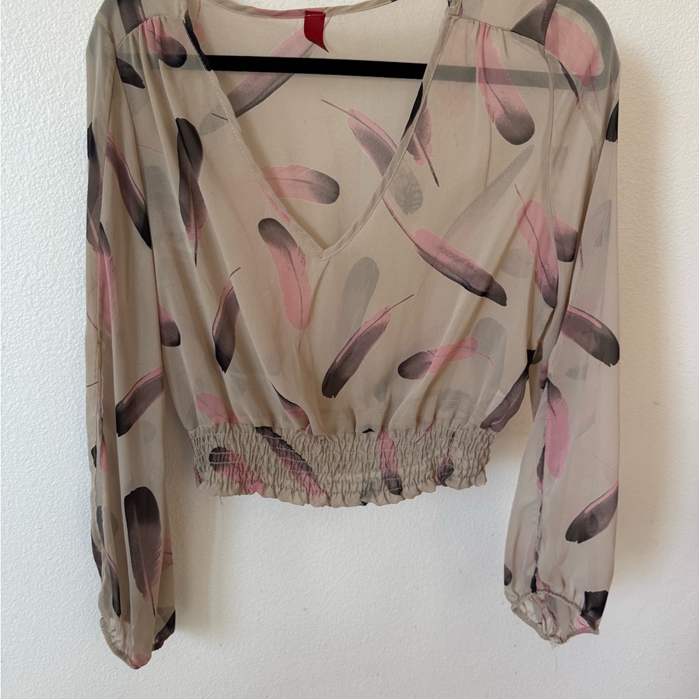 Chic Sheer Feather Print Blouse - Pink and Black